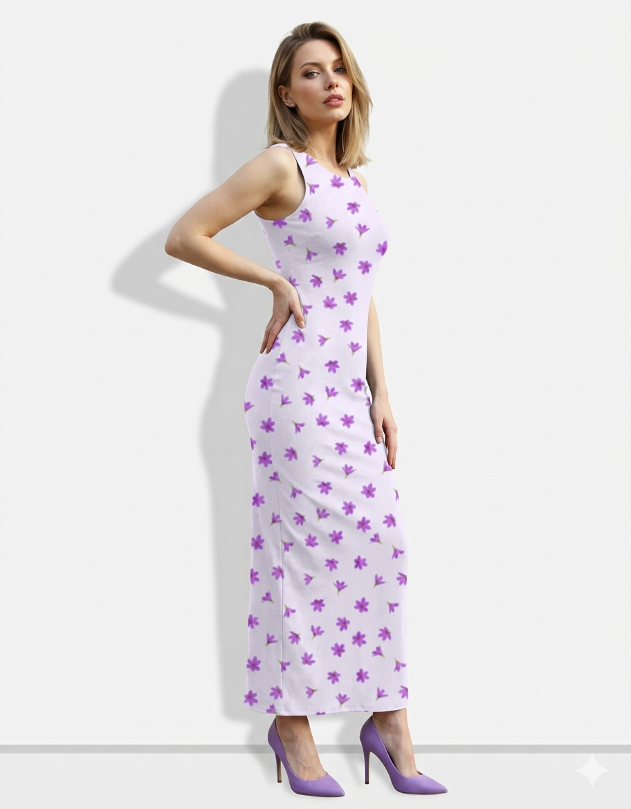 A sleeveless light lavender bodycon maxi dress adorned with scattered small purple floral prints for a delicate, fresh, and feminine look.