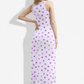 A sleeveless light lavender bodycon maxi dress adorned with scattered small purple floral prints for a delicate, fresh, and feminine look.