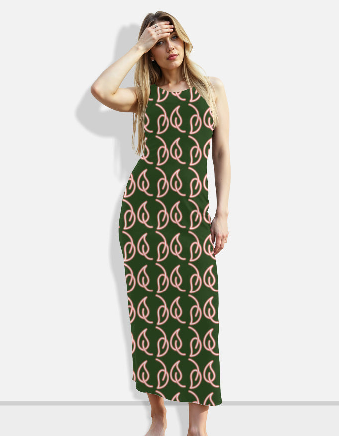 A sleeveless dark green bodycon maxi dress featuring a repeating blush pink abstract leaf pattern for a chic, modern, and playful look.