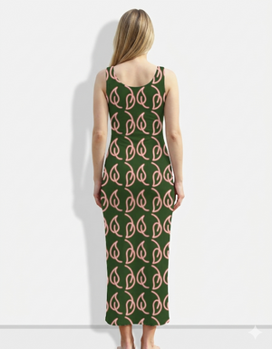 A sleeveless dark green bodycon maxi dress featuring a repeating blush pink abstract leaf pattern for a chic, modern, and playful look.