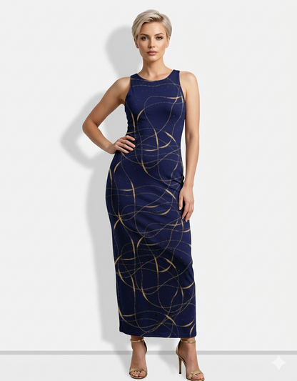 A sleeveless navy blue bodycon maxi dress adorned with elegant swirling gold line patterns for a refined, contemporary look.