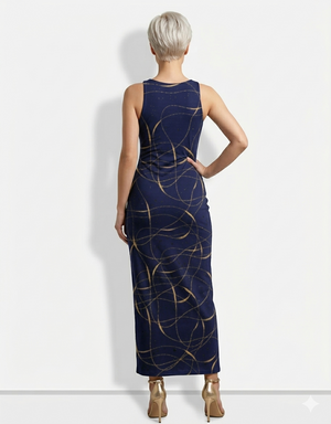 A sleeveless navy blue bodycon maxi dress adorned with elegant swirling gold line patterns for a refined, contemporary look.