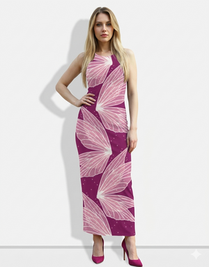 A sleeveless magenta bodycon maxi dress adorned with large, delicate pink wing-like motifs for a whimsical, feminine statement look.