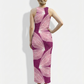 A sleeveless magenta bodycon maxi dress adorned with large, delicate pink wing-like motifs for a whimsical, feminine statement look.