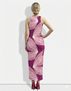A sleeveless magenta bodycon maxi dress adorned with large, delicate pink wing-like motifs for a whimsical, feminine statement look.