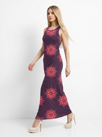 An elegant sleeveless bodycon maxi dress featuring a deep plum base adorned with vibrant mandala floral prints, blending bohemian charm with modern sophistication.