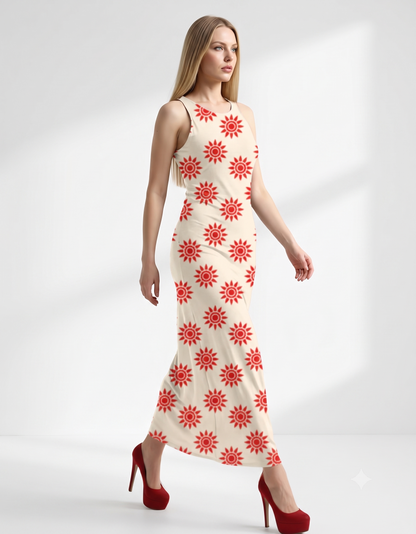 A chic sleeveless bodycon maxi dress featuring a soft ivory base with vibrant red floral sunburst prints, offering a fresh, elegant, and timeless look.