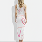A sleeveless white bodycon midi dress with playful pink graphic text and heart motifs for a fun, romantic statement look.