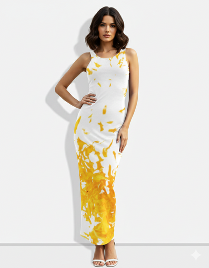 A sleek white sleeveless bodycon midi dress accented with a bold yellow abstract splash print for a modern, artistic look.