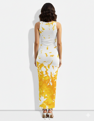 A sleek white sleeveless bodycon midi dress accented with a bold yellow abstract splash print for a modern, artistic look.