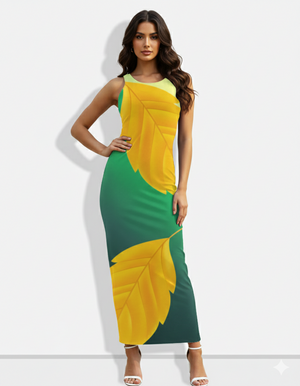 A fitted sleeveless maxi dress in rich green, highlighted with oversized golden leaf motifs for a bold, nature-inspired statement.