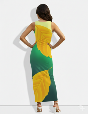 A fitted sleeveless maxi dress in rich green, highlighted with oversized golden leaf motifs for a bold, nature-inspired statement.