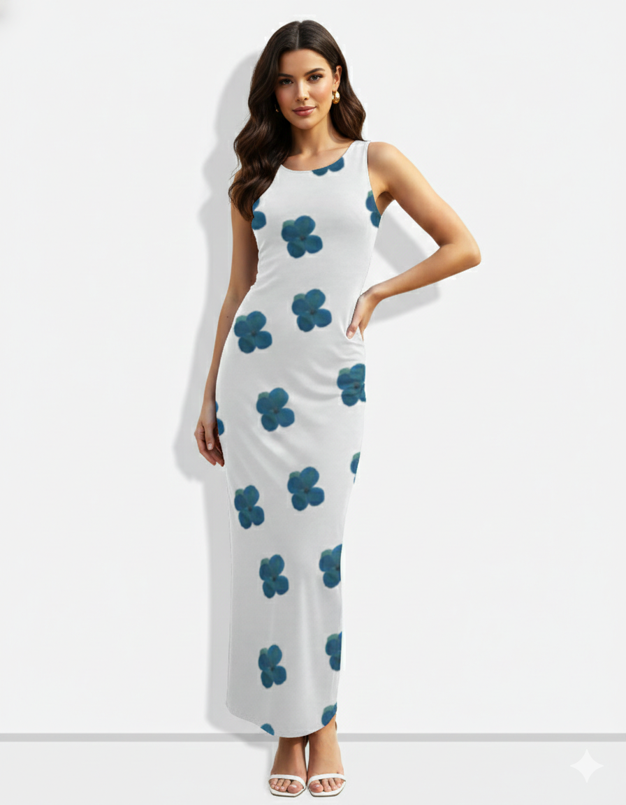 A sleek white sleeveless bodycon maxi dress featuring scattered teal-blue floral motifs for a clean, modern, and elegant look.