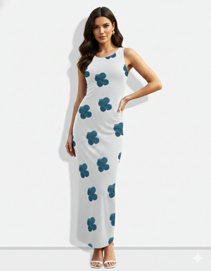A sleek white sleeveless bodycon maxi dress featuring scattered teal-blue floral motifs for a clean, modern, and elegant look.