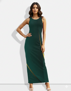 A minimalist sleeveless dark green bodycon maxi dress accented with subtle diagonal gold-toned lines for a sleek, sophisticated finish.