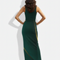 A minimalist sleeveless dark green bodycon maxi dress accented with subtle diagonal gold-toned lines for a sleek, sophisticated finish.