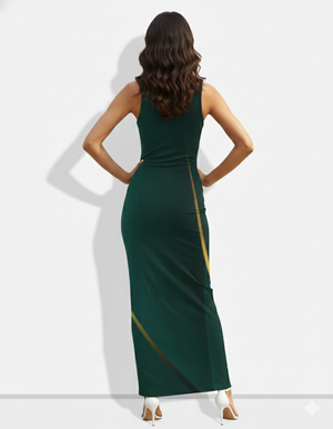 A minimalist sleeveless dark green bodycon maxi dress accented with subtle diagonal gold-toned lines for a sleek, sophisticated finish.