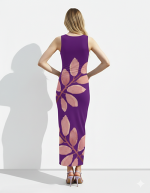 A sleeveless purple bodycon maxi dress featuring a soft blush leaf motif for an elegant, artistic, and nature-inspired look.