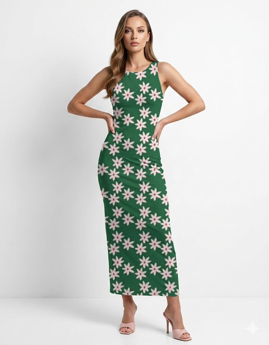 A sleeveless, bodycon green midi dress adorned with a repeating pattern of soft pink floral motifs for a fresh, playful look.