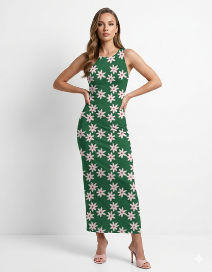 A sleeveless, bodycon green midi dress adorned with a repeating pattern of soft pink floral motifs for a fresh, playful look.