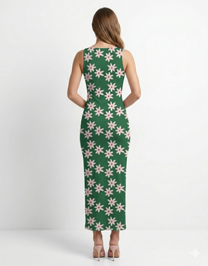 A sleeveless, bodycon green midi dress adorned with a repeating pattern of soft pink floral motifs for a fresh, playful look.