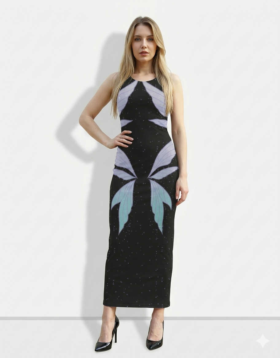 A sleeveless black bodycon maxi dress featuring a celestial-inspired design with starry speckles and stylized butterfly-like wing motifs for a dreamy, artistic look.