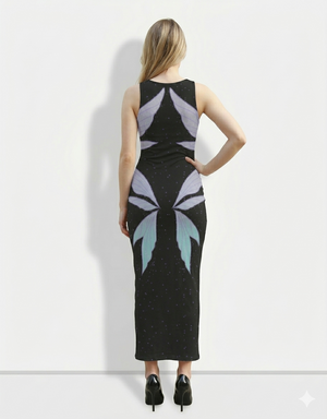 A sleeveless black bodycon maxi dress featuring a celestial-inspired design with starry speckles and stylized butterfly-like wing motifs for a dreamy, artistic look.