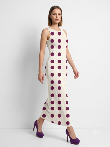 A sophisticated sleeveless bodycon maxi dress featuring a soft ivory base with bold plum polka dots, offering a timeless blend of elegance and vintage charm.