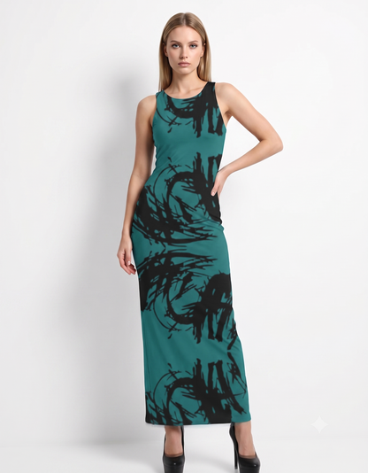 A modern sleeveless bodycon maxi dress featuring a vibrant teal base with bold black abstract brushstroke prints, creating a striking contemporary and artistic look.