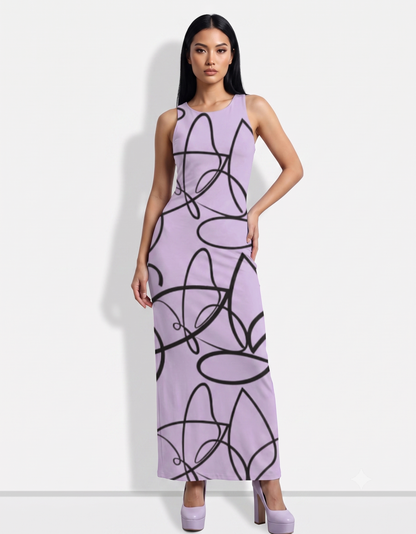 A chic sleeveless bodycon maxi dress featuring a soft lavender base with bold black abstract line art, creating a modern, artistic, and minimalist aesthetic.