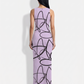 A chic sleeveless bodycon maxi dress featuring a soft lavender base with bold black abstract line art, creating a modern, artistic, and minimalist aesthetic.