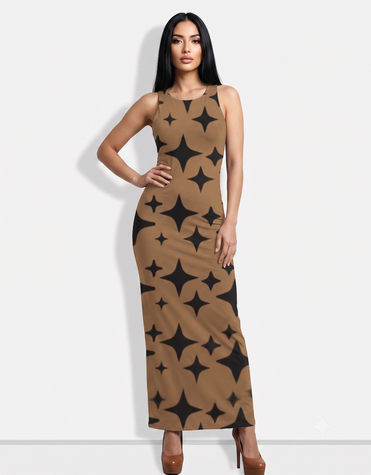 An elegant sleeveless bodycon maxi dress featuring a warm camel base with bold black starburst geometric prints, creating a chic, modern, and eye-catching statement look.