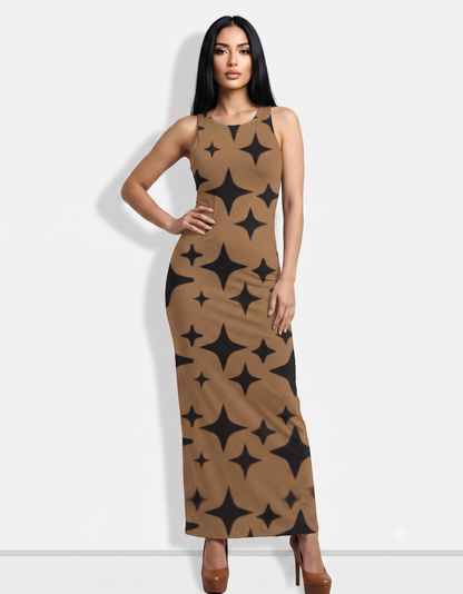 An elegant sleeveless bodycon maxi dress featuring a warm camel base with bold black starburst geometric prints, creating a chic, modern, and eye-catching statement look.