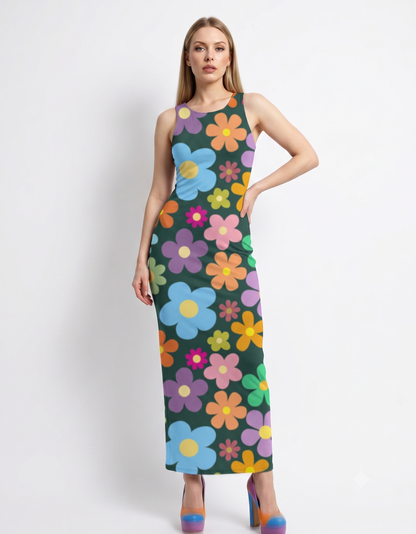 A vibrant sleeveless bodycon maxi dress featuring a dark base adorned with colorful retro floral prints, creating a playful, vintage-inspired, and cheerful aesthetic.