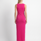 A stunning sleeveless bodycon maxi dress featuring a vibrant fuchsia base with an elegant black floral and heart motif, creating a bold, romantic, and contemporary look.