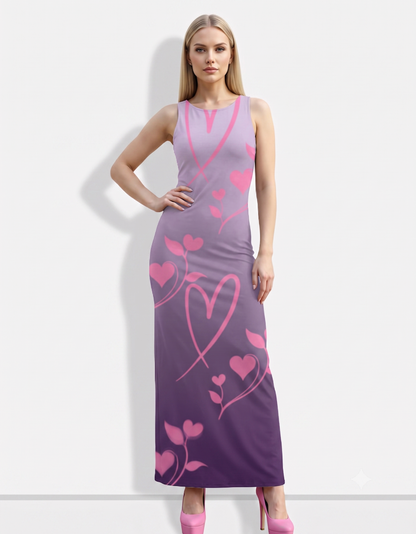 A graceful sleeveless bodycon maxi dress featuring a soft lavender-to-deep-purple ombré base adorned with delicate pink heart and floral vine motifs, creating a romantic and elegant look.