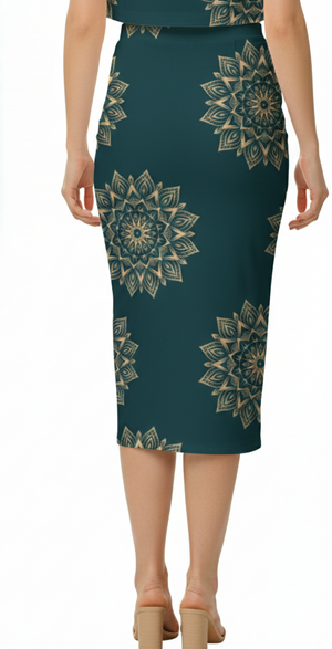A repeating pattern of intricate gold mandala designs set against a deep teal background Pencil Skirt