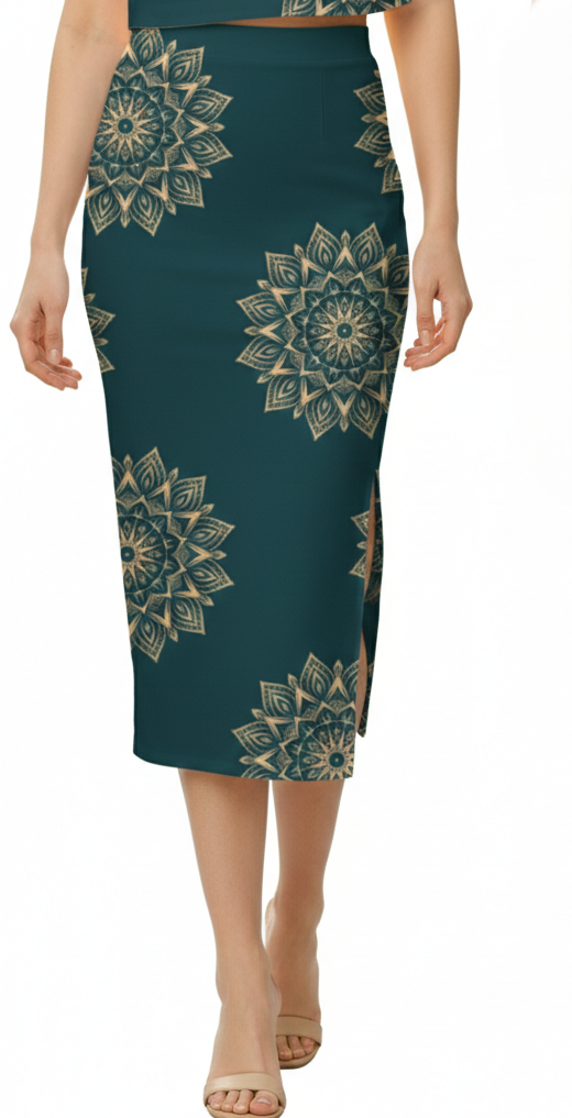 A repeating pattern of intricate gold mandala designs set against a deep teal background Pencil Skirt