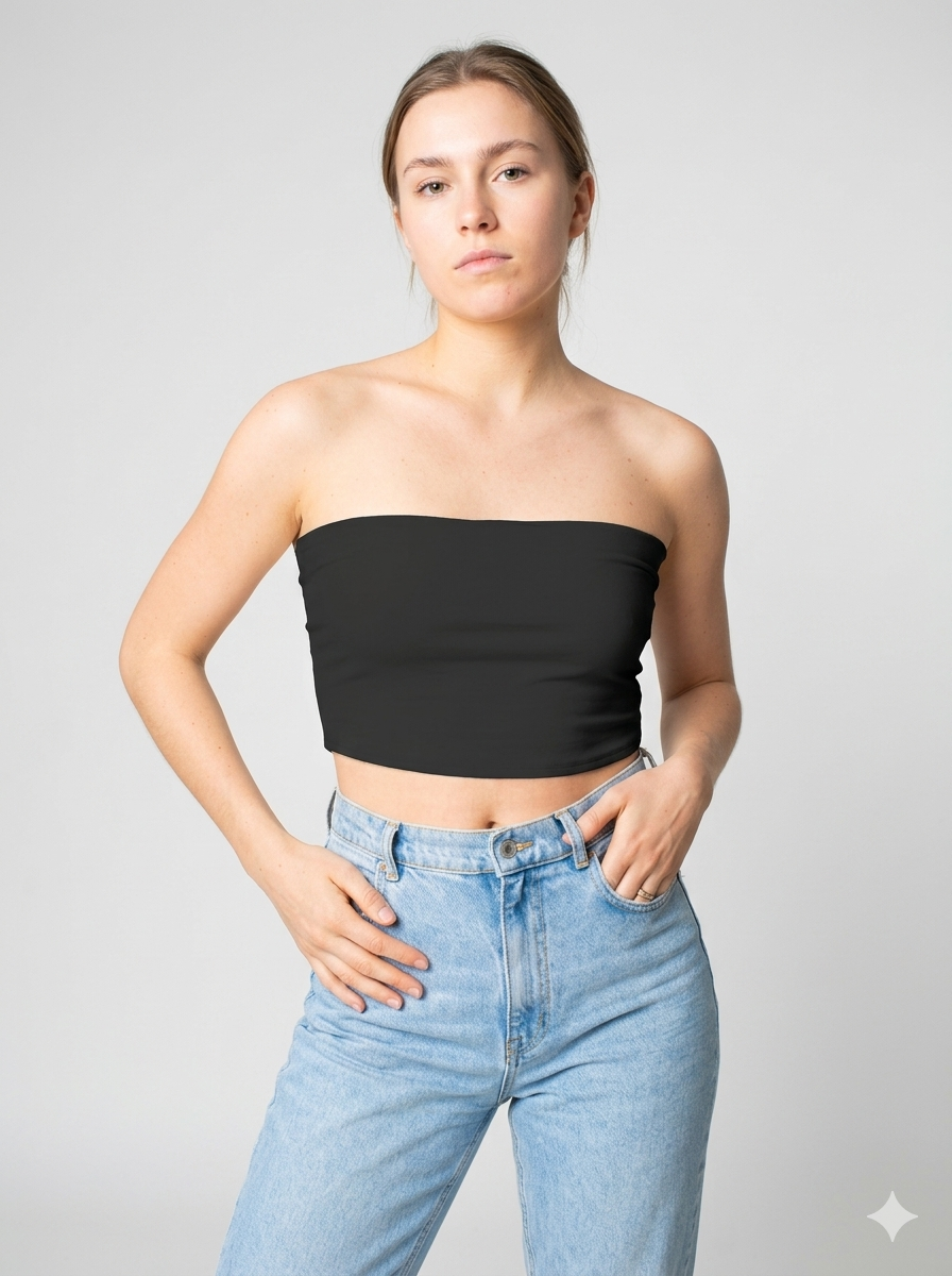 A minimalist strapless tube top in a classic solid black with a smooth, clean, and timeless finish.