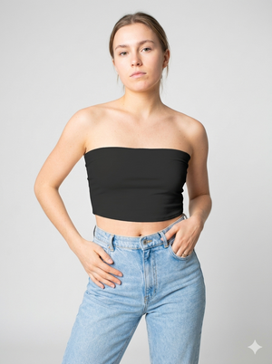 A minimalist strapless tube top in a classic solid black with a smooth, clean, and timeless finish.