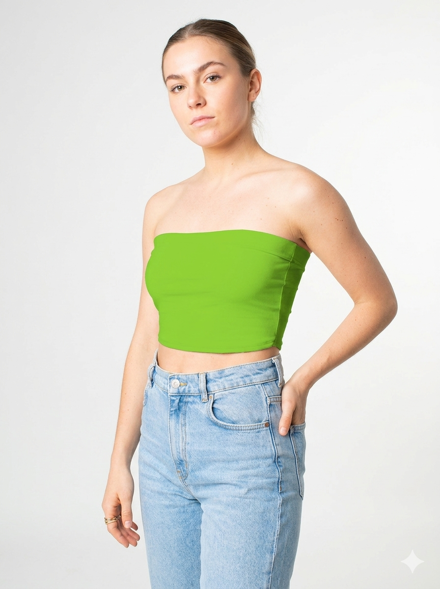 A minimalist strapless tube top in a bold neon green with a smooth, clean, and eye-catching finish.