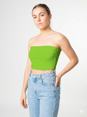 A minimalist strapless tube top in a bold neon green with a smooth, clean, and eye-catching finish.
