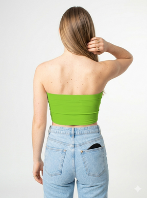 A minimalist strapless tube top in a bold neon green with a smooth, clean, and eye-catching finish.