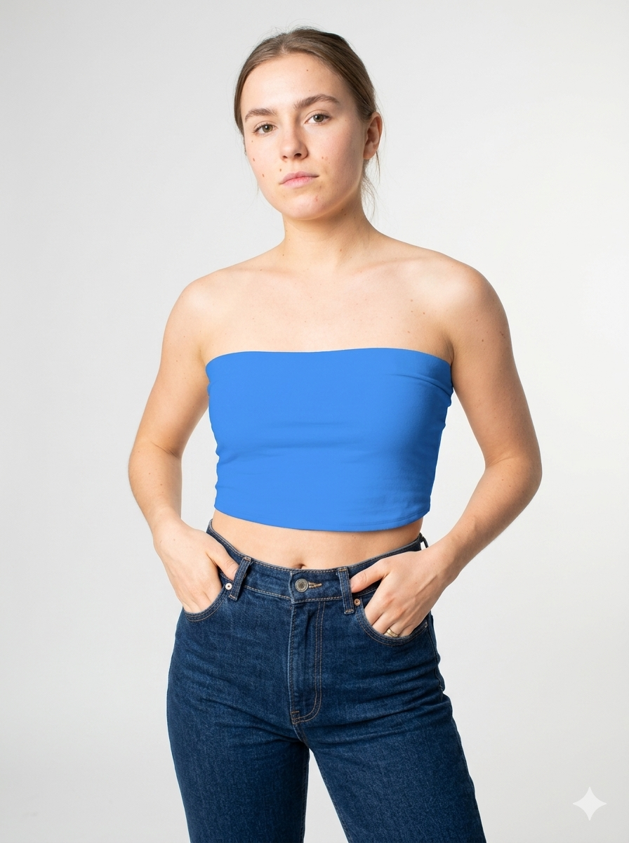 A minimalist strapless tube top in a vibrant solid blue with a smooth, clean, and modern finish.