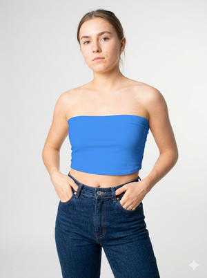 A minimalist strapless tube top in a vibrant solid blue with a smooth, clean, and modern finish.