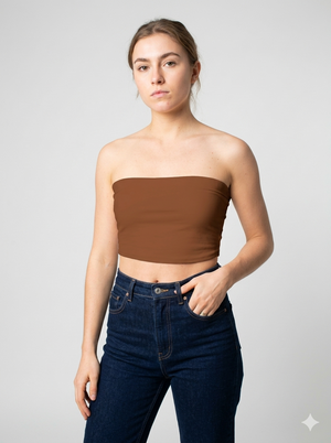 A minimalist strapless tube top in a rich solid chocolate brown with a smooth, clean finish.