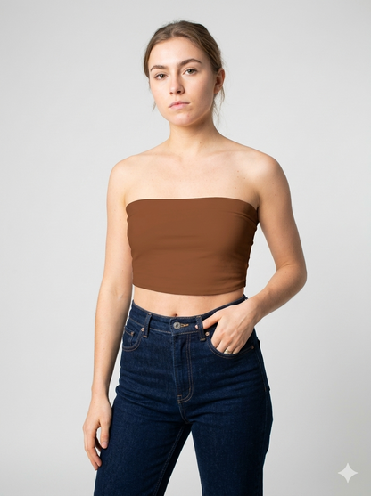 A minimalist strapless tube top in a rich solid chocolate brown with a smooth, clean finish.