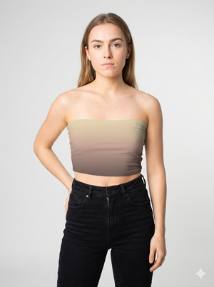 A strapless tube top with a soft gradient blending warm beige into muted taupe for a subtle, earthy look.