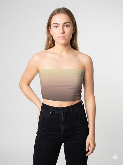 A strapless tube top with a soft gradient blending warm beige into muted taupe for a subtle, earthy look.