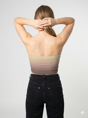 A strapless tube top with a soft gradient blending warm beige into muted taupe for a subtle, earthy look.